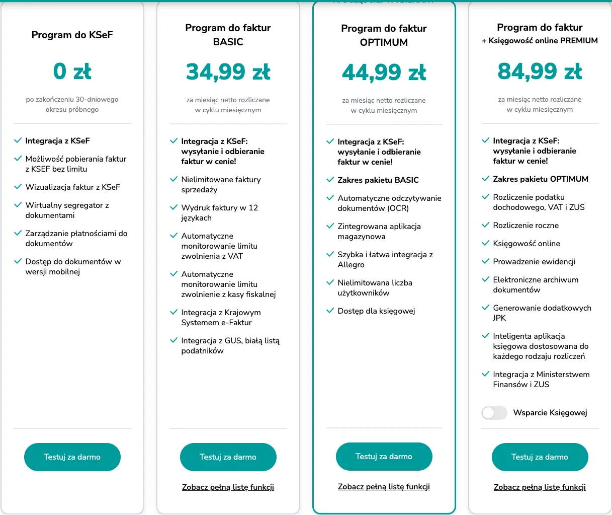 Cennik Faktura.pl przy rozliczeniu miesięcznym — BASIC 34,99 zł, OPTIMUM 44,99 zł, PREMIUM 84,99 zł netto