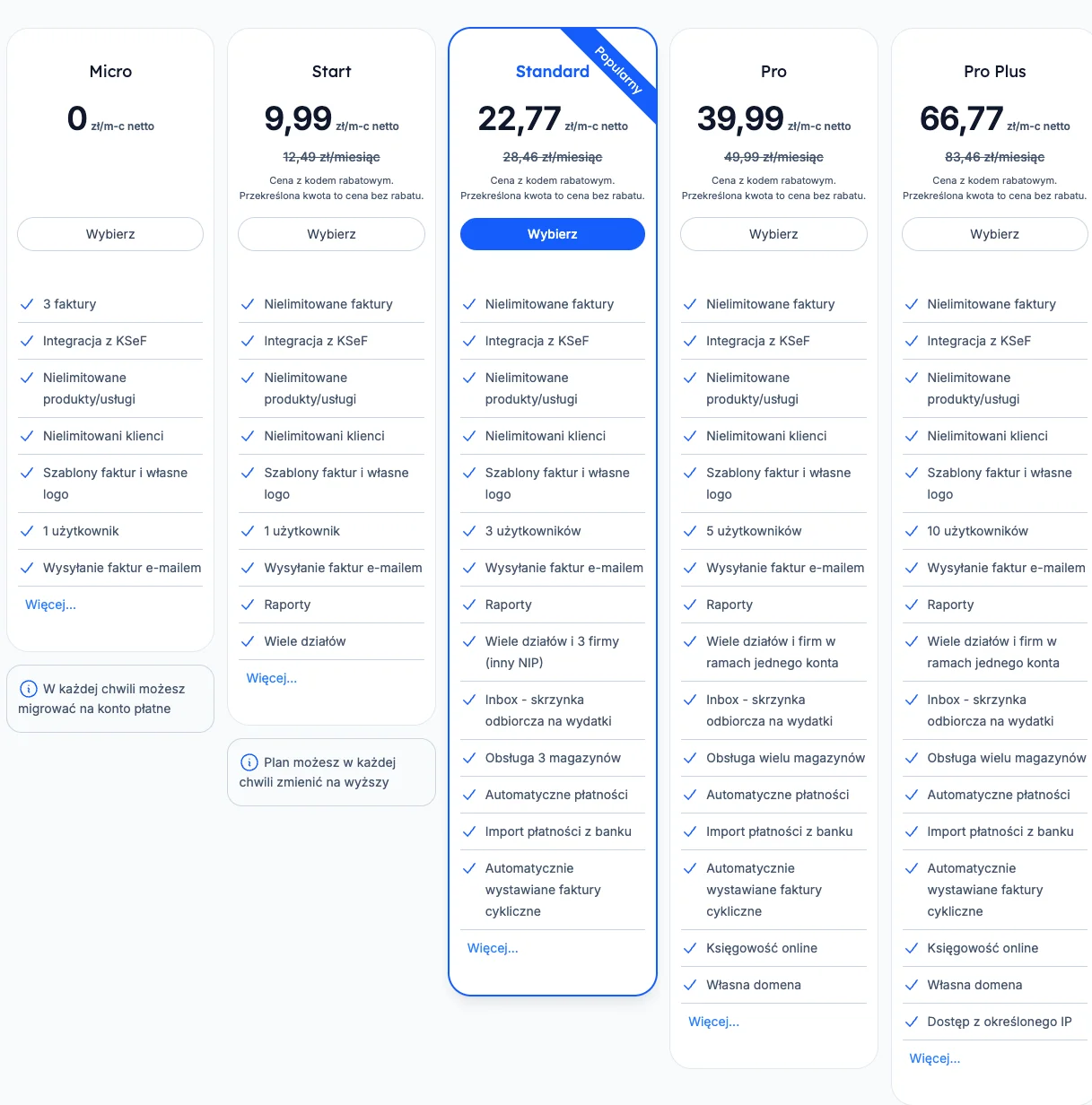 Cennik Fakturowni — plany Micro, Start, Standard, Pro i Pro Plus z cenami netto