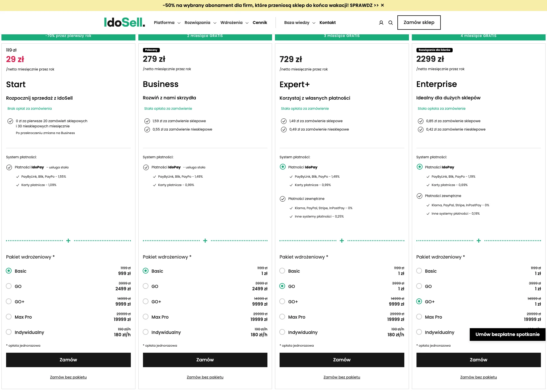 Cennik IdoSell — plany Start, Business, Expert+ i Enterprise z opłatami za zamówienie i prowizjami płatności
