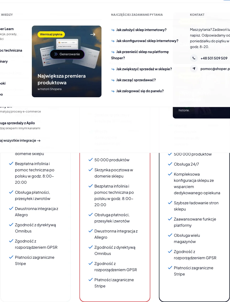 Cennik Shoper — plany Standard 29 zł, Standard+ 33 zł i Premium 480 zł netto miesięcznie z przekreślonymi cenami regularnymi